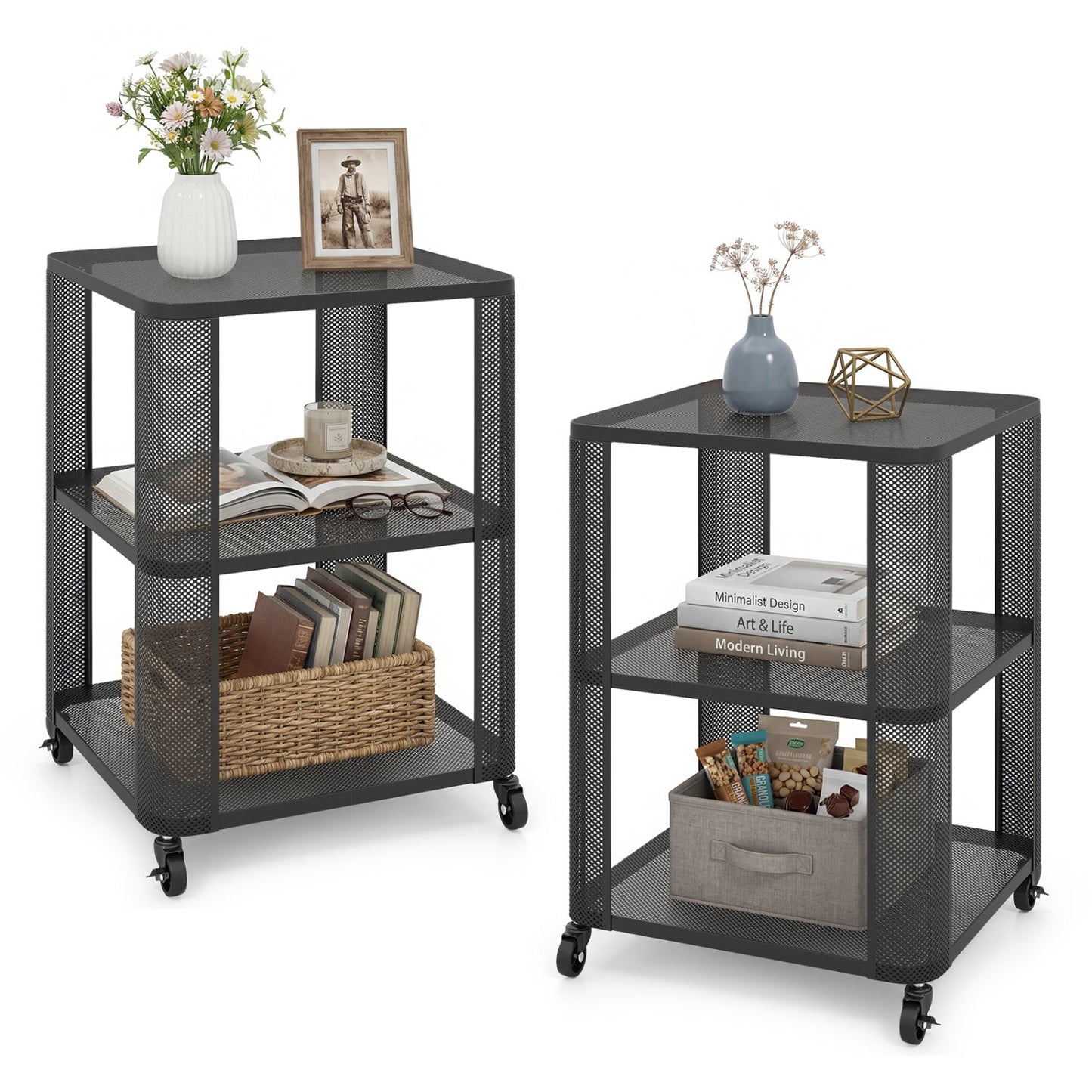 3-Tier End Table with Wheels Rolling Side Table with Open Storage Shelves