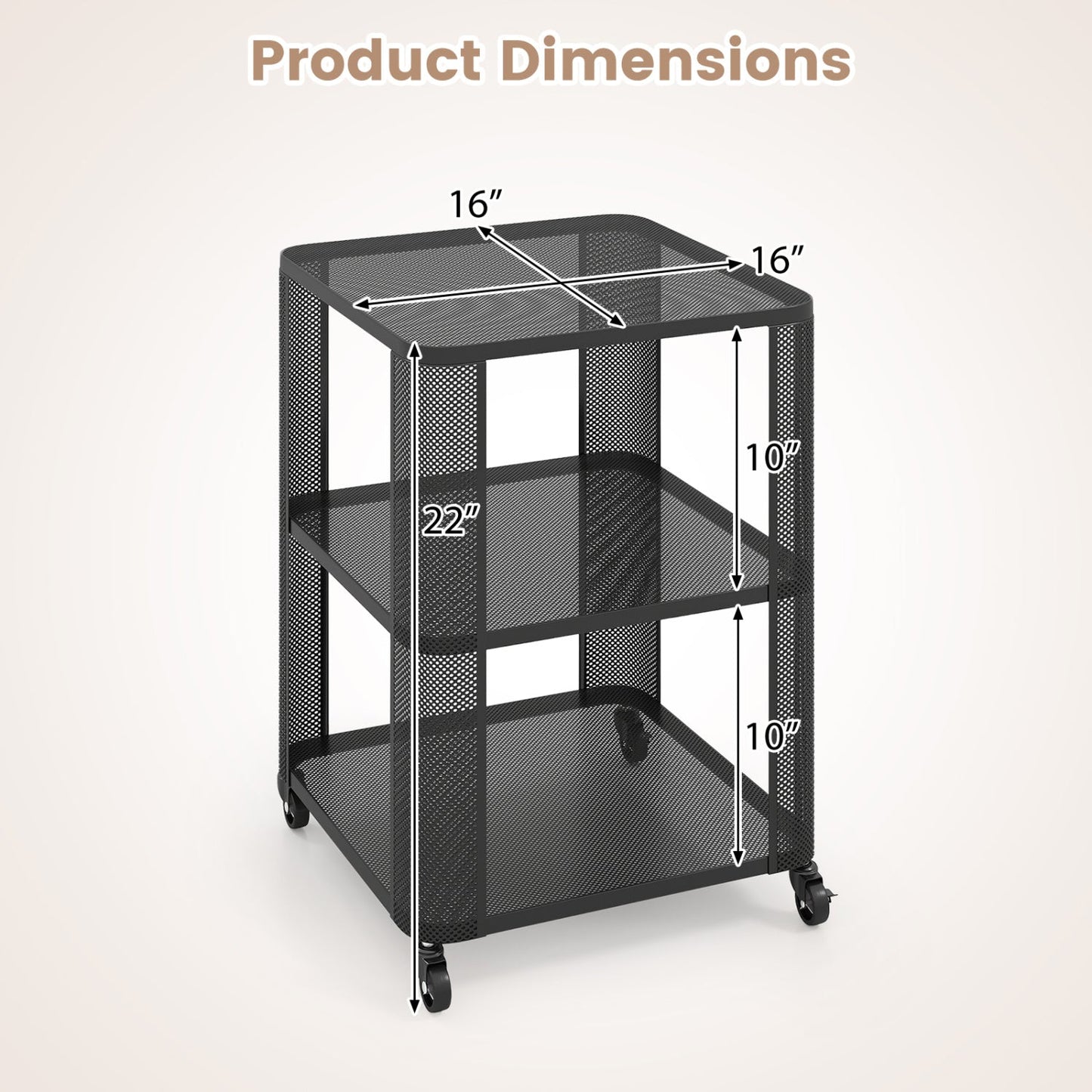 3-Tier End Table with Wheels Rolling Side Table with Open Storage Shelves