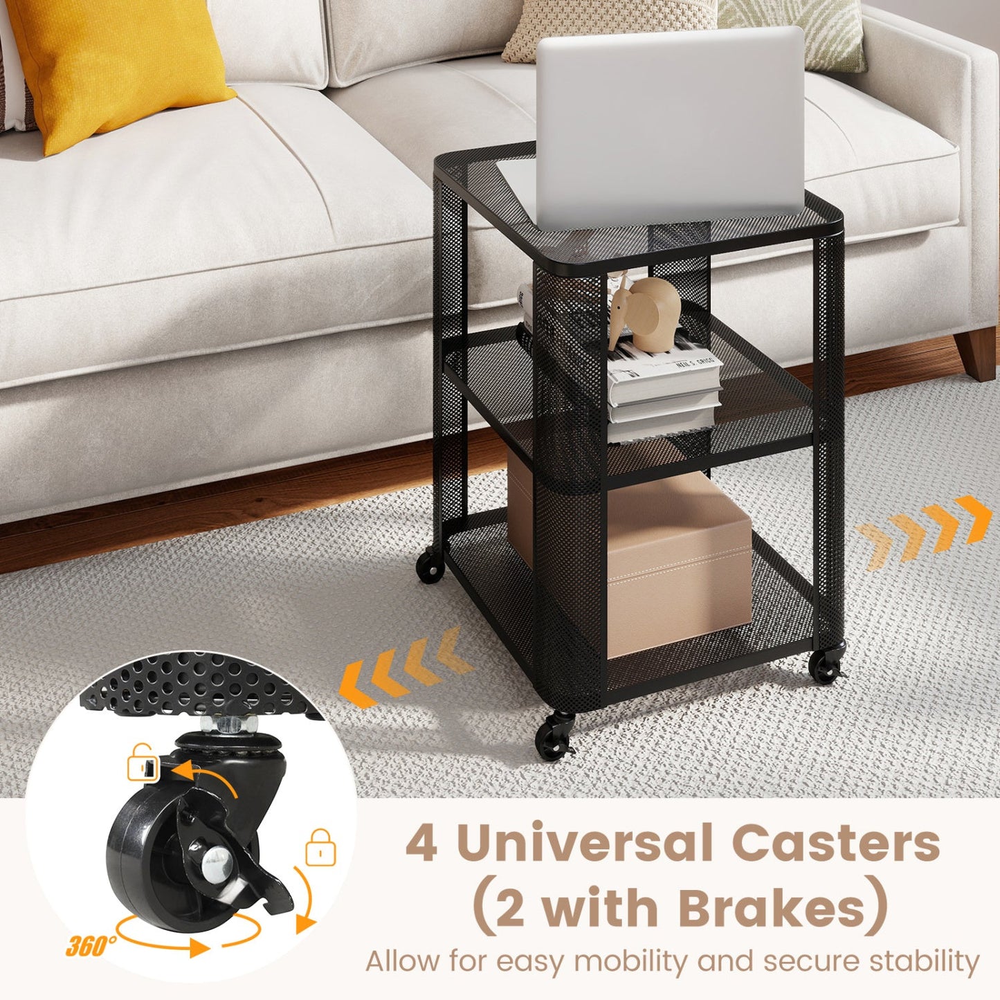 3-Tier End Table with Wheels Rolling Side Table with Open Storage Shelves