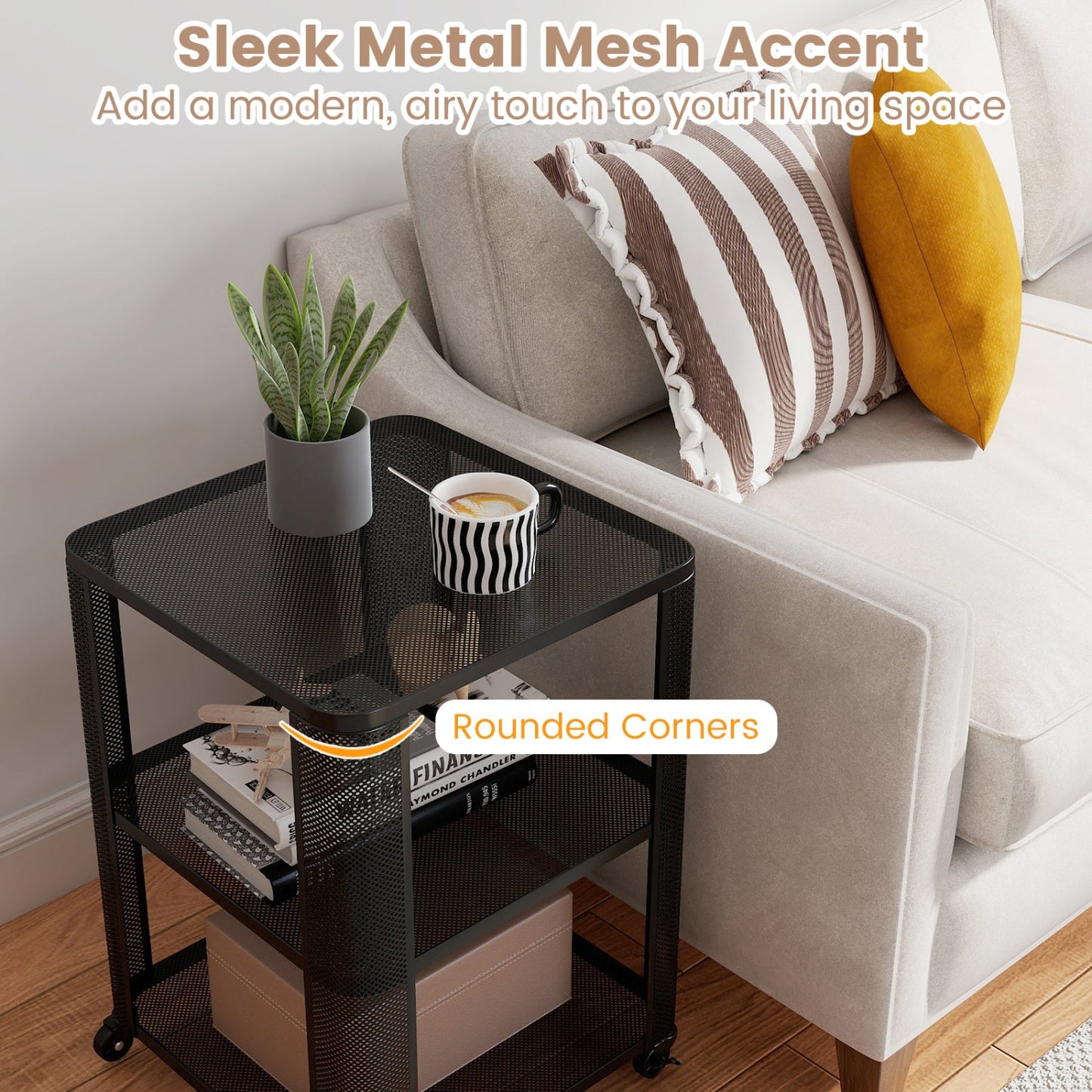 3-Tier End Table with Wheels Rolling Side Table with Open Storage Shelves