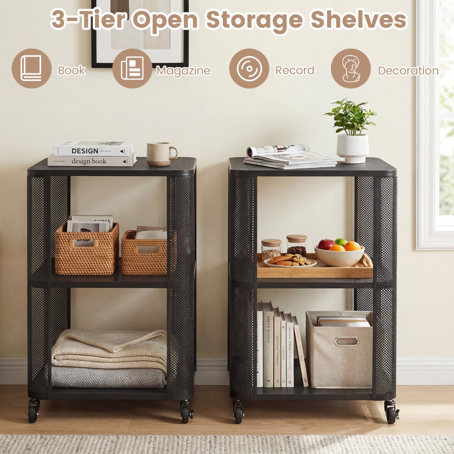 3-Tier End Table with Wheels Rolling Side Table with Open Storage Shelves