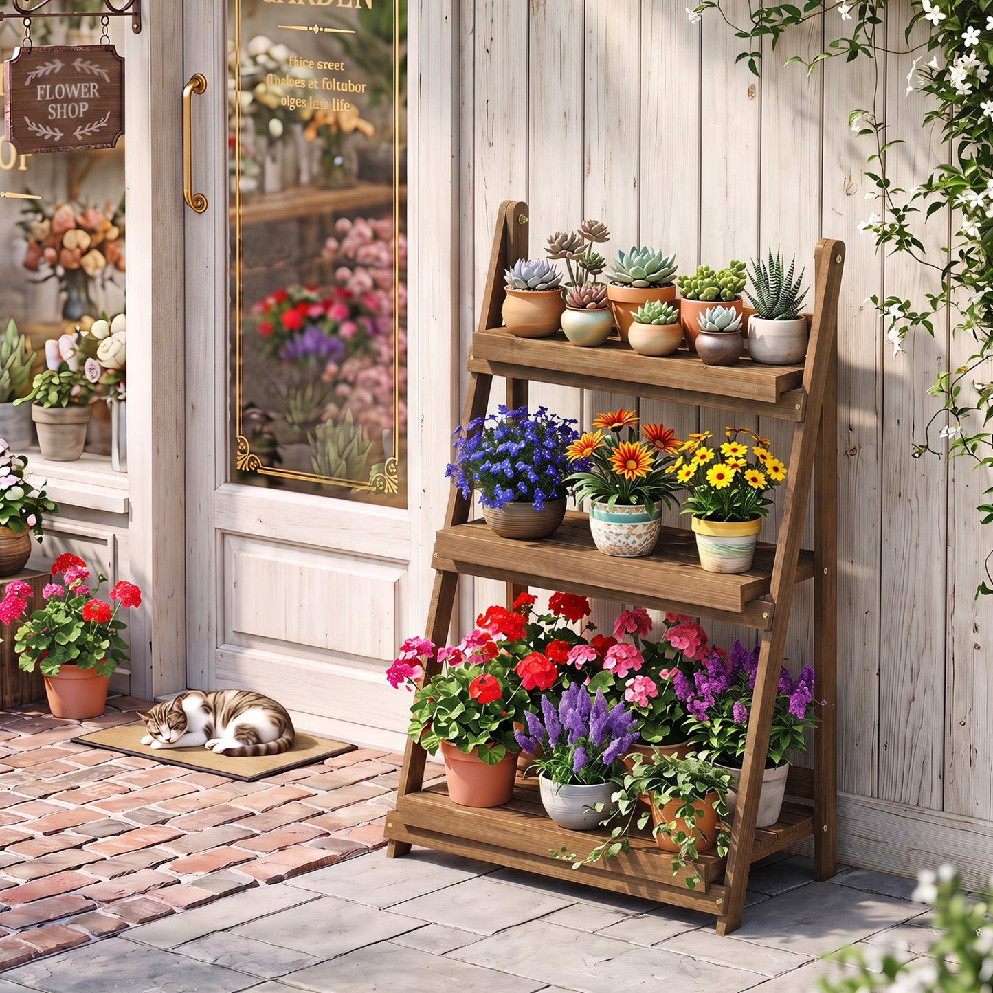 3-Tier Foldable Plant Stand with Slatted Shelves