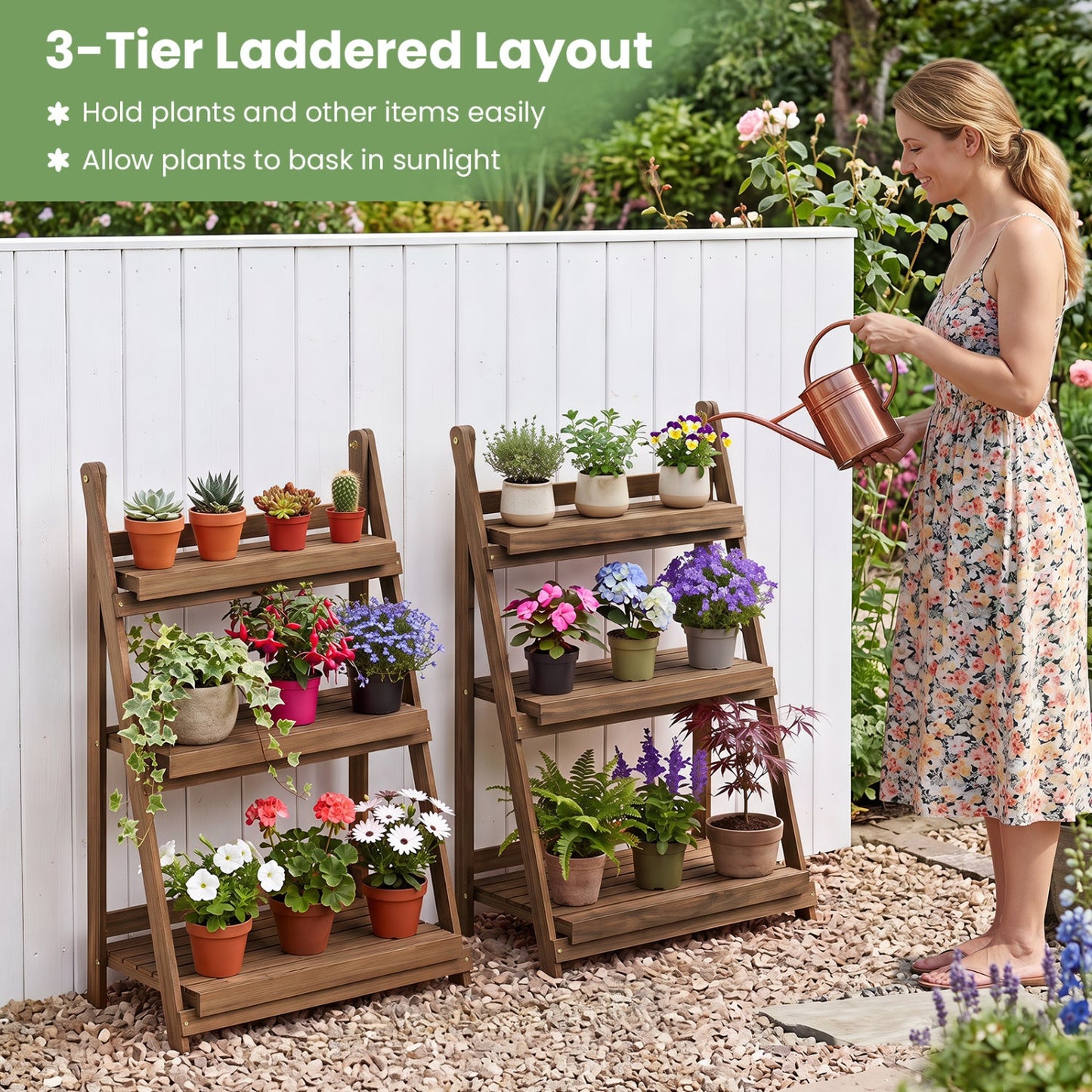 3-Tier Foldable Plant Stand with Slatted Shelves