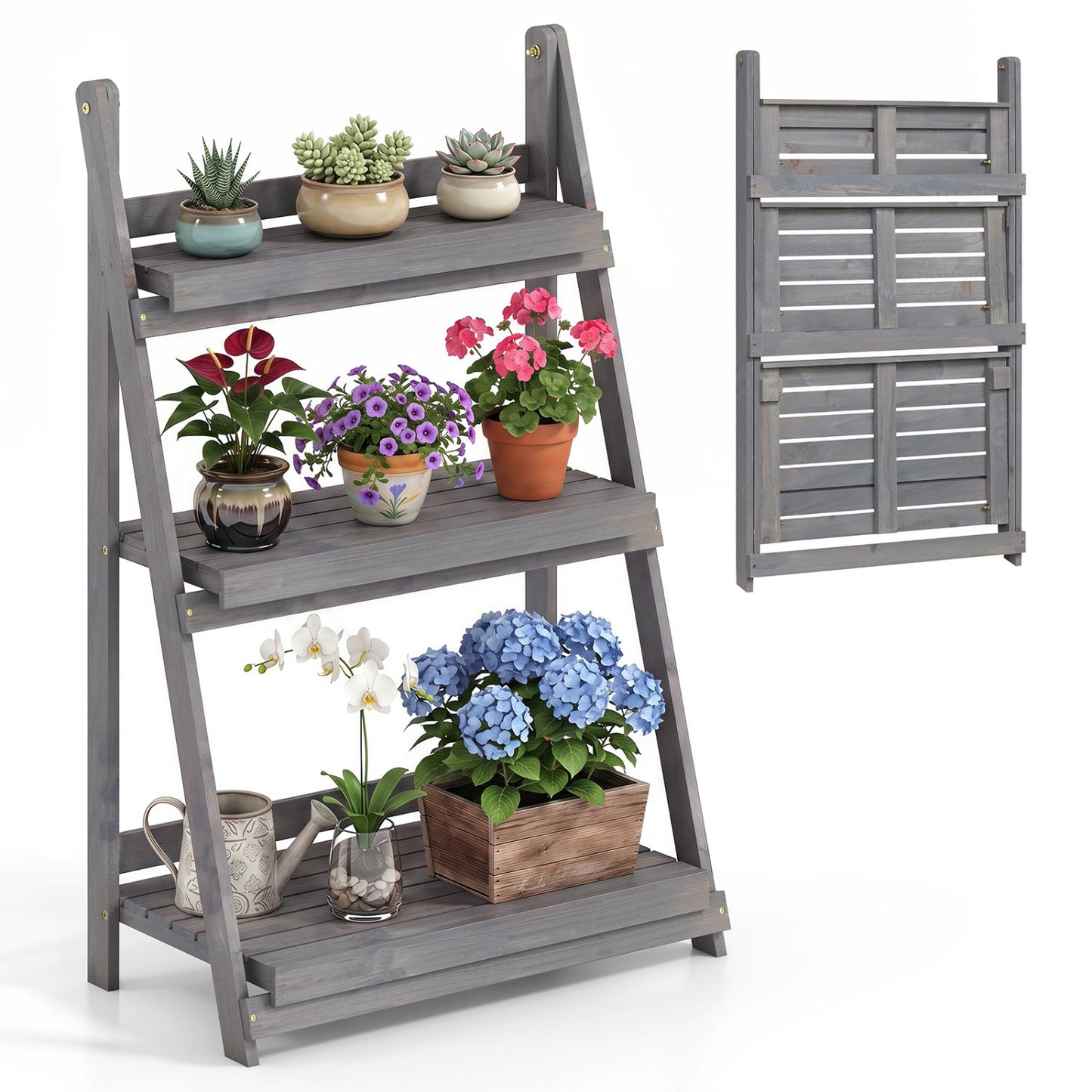 3-Tier Foldable Plant Stand with Slatted Shelves