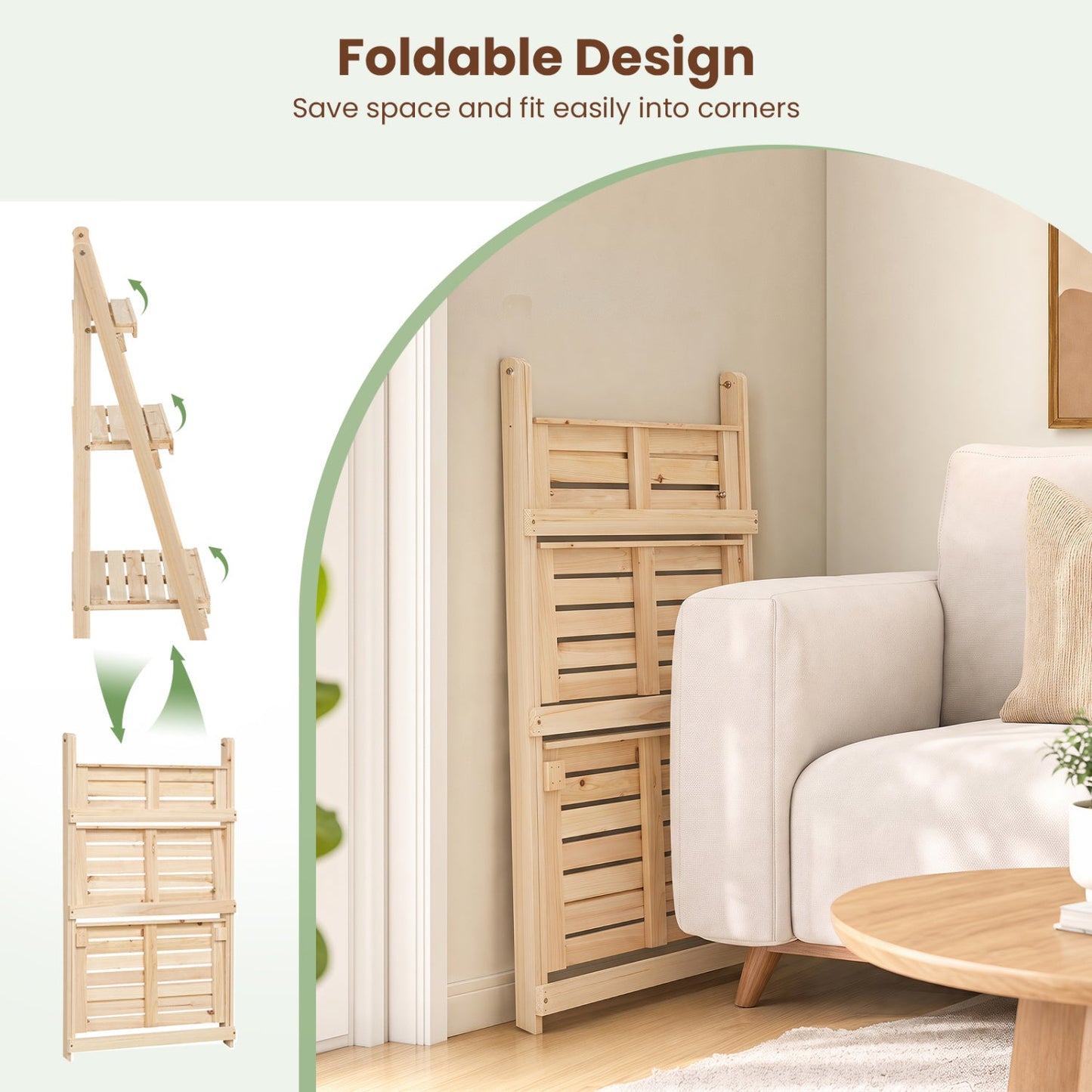 3-Tier Foldable Plant Stand with Slatted Shelves