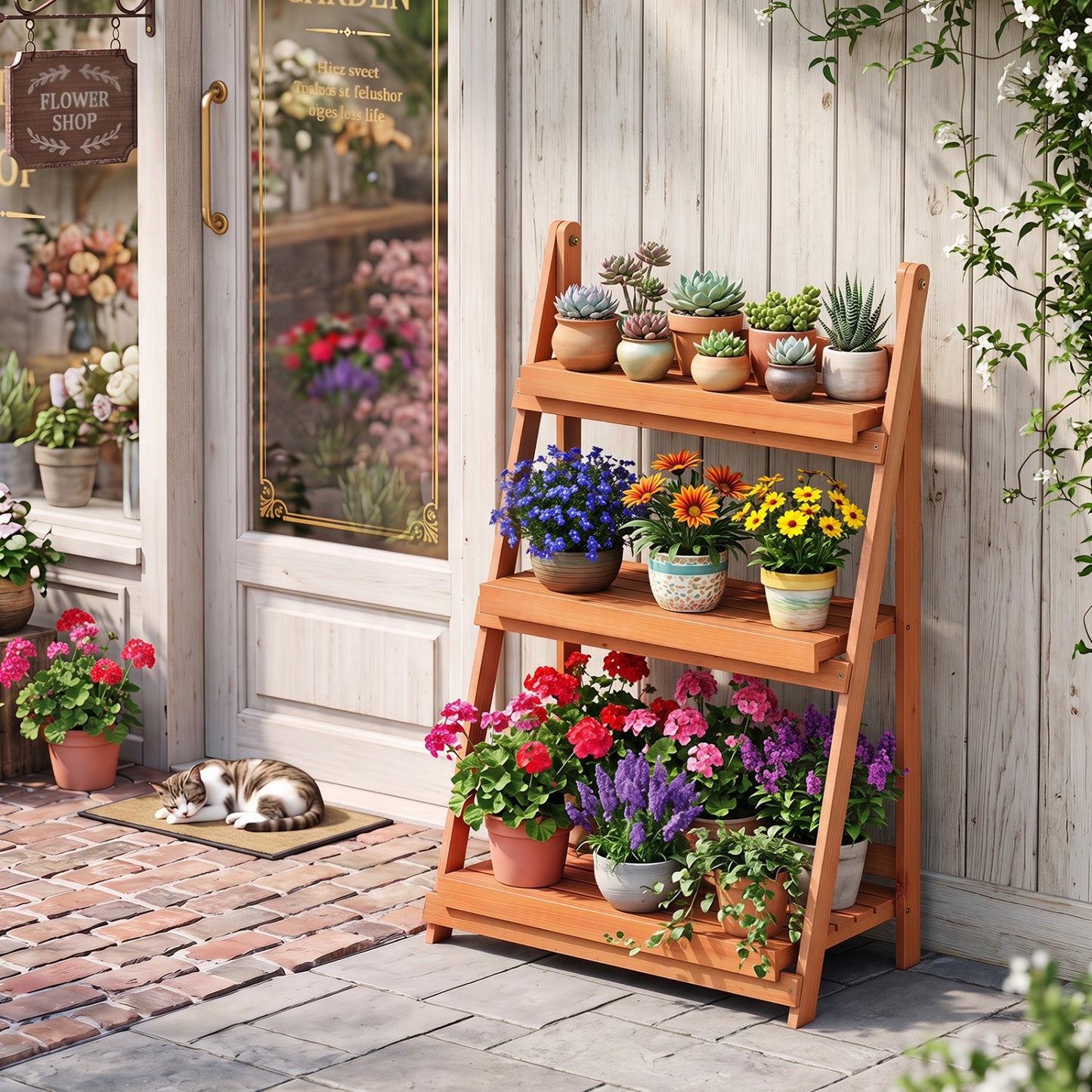 3-Tier Foldable Plant Stand with Slatted Shelves