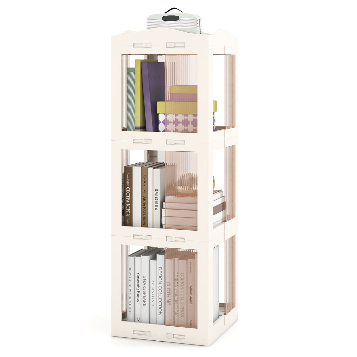3-Tier Foldable Rotating Bookshelf with Swivel Base and Translucent Panels-White