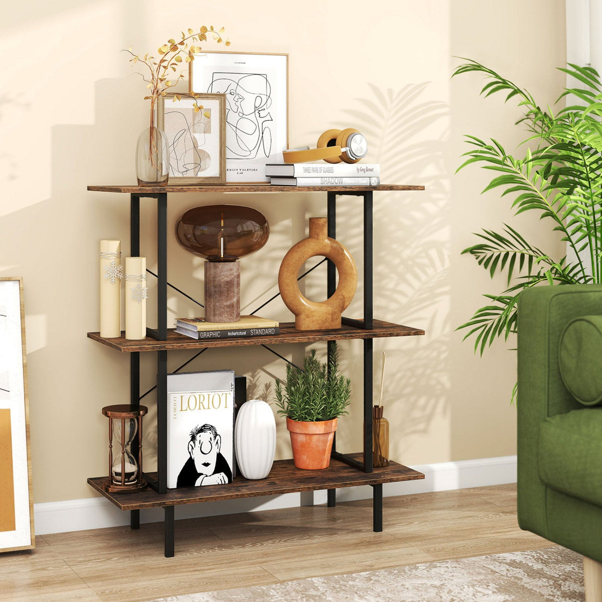 3-Tier Bookshelf with Metal Frame and Open Shelves