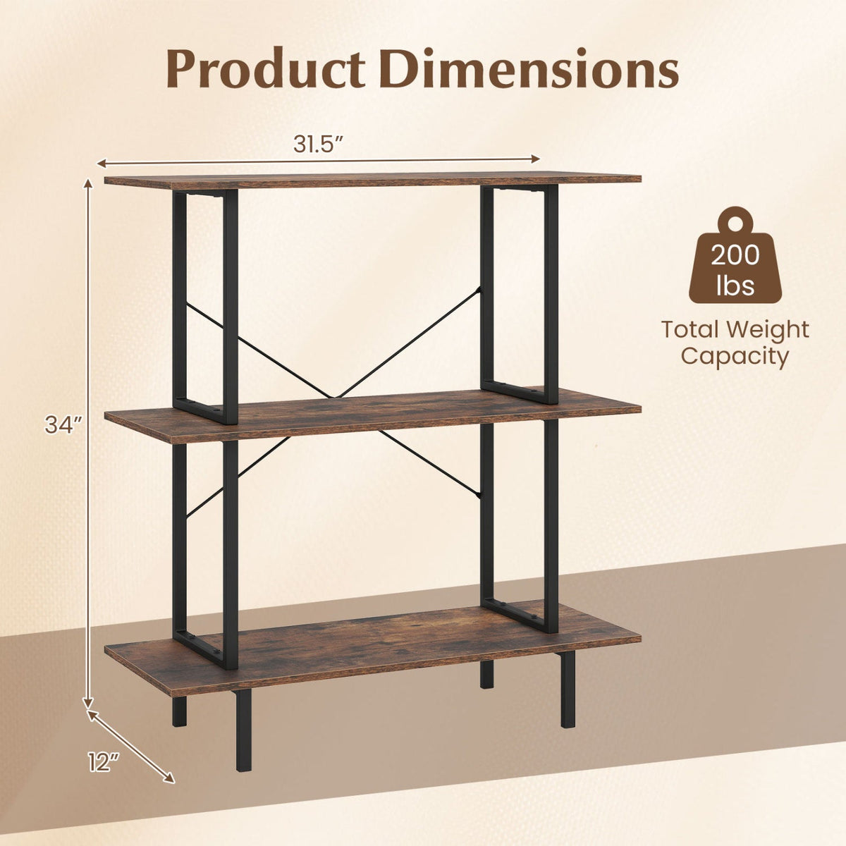 3-Tier Bookshelf with Metal Frame and Open Shelves