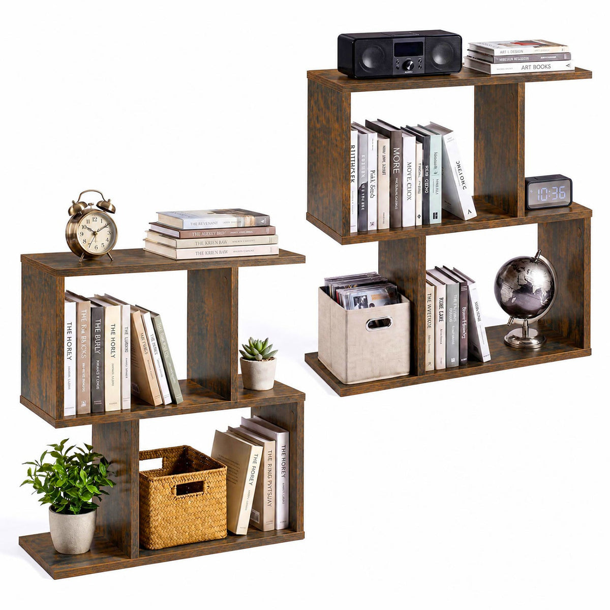 3-Tier Geometric Bookshelf Set of 2 - S-Shape Display Shelf