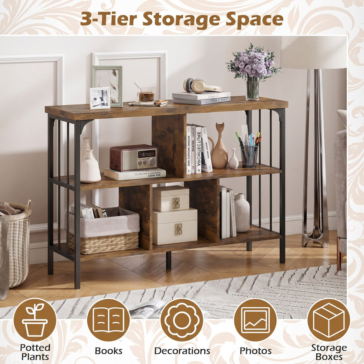 3-Tier Horizontal Cubby Bookshelf with Open Shelves