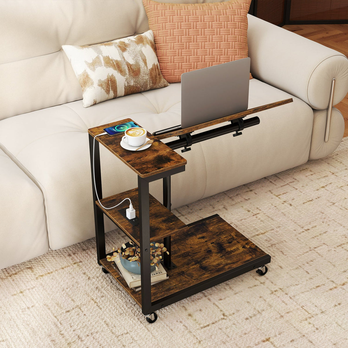 3-Tier Mobile Couch Side Table with Tiltable Tabletop