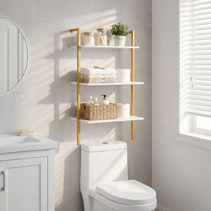 3-Tier Modern Wall Mounted Shelves Wooden Floating Shelving Unit Metal Ladder Bookshelf