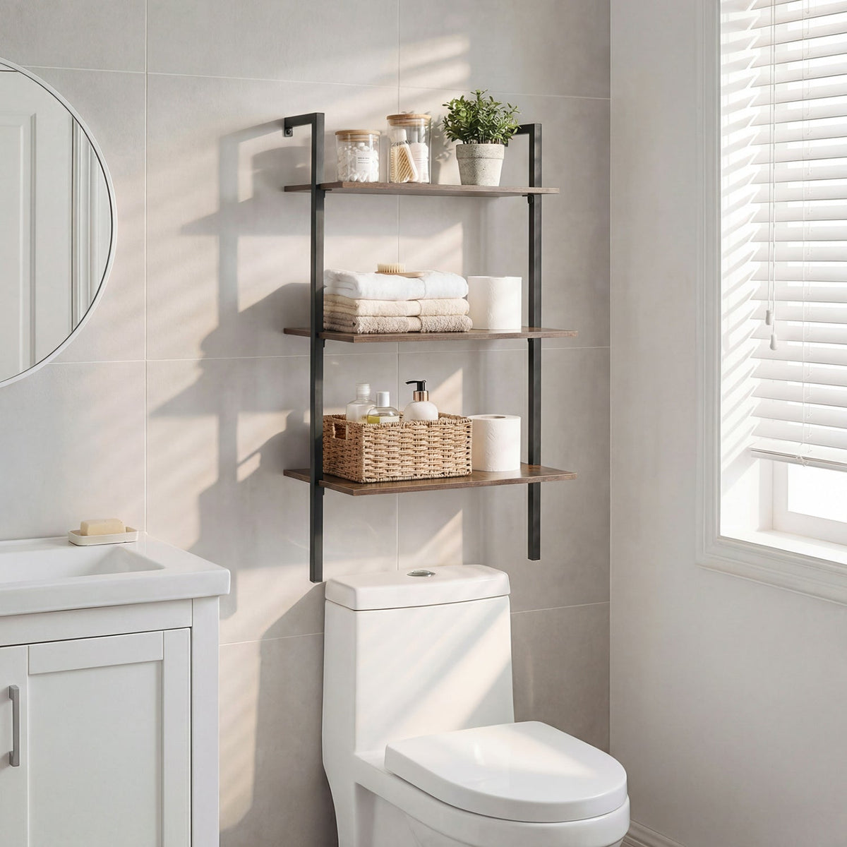 3-Tier Wall Mounted Ladder Bookshelf - Rustic Brown