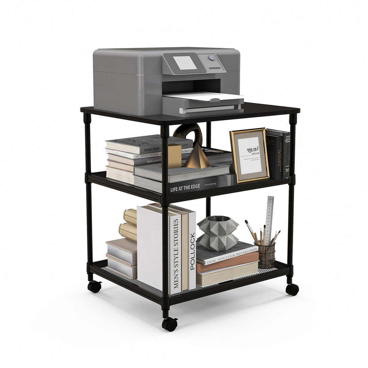 3 Tier Printer Stand Rolling Fax Cart with Adjustable Shelf and Swivel Wheels