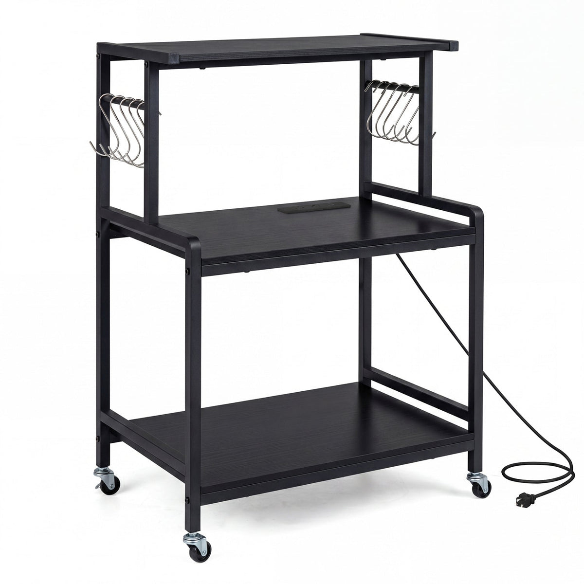3-Tier Rolling Microwave Cart with Power Outlet and Hooks