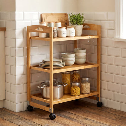 3-Tier Storage Rolling Cart Bamboo Utility Cart with 4 Universal Wheels