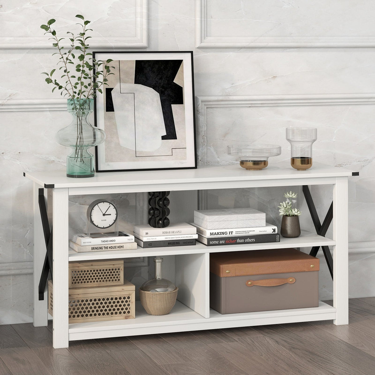 3 Tier Wood TV Stand for 55-Inch with Open Shelves and X-Shaped Frame