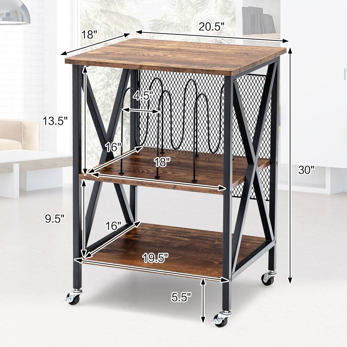3 Tiers Vintage Style Rolling End Table with 3 Dividers for Albums-Brown