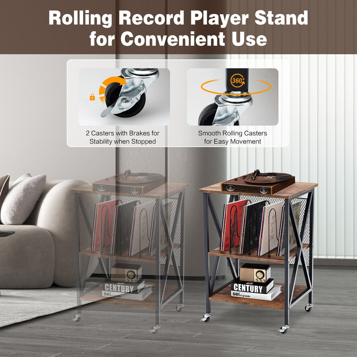 3 Tiers Vintage Style Rolling End Table with 3 Dividers for Albums-Brown