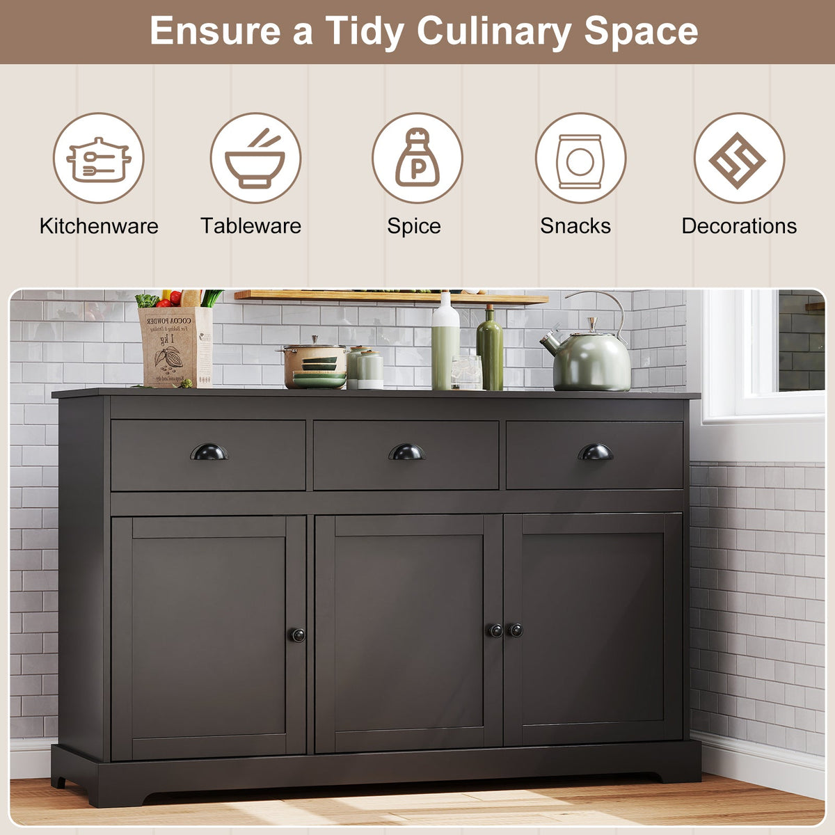 3 Drawers Sideboard Buffet Storage with Adjustable Shelves