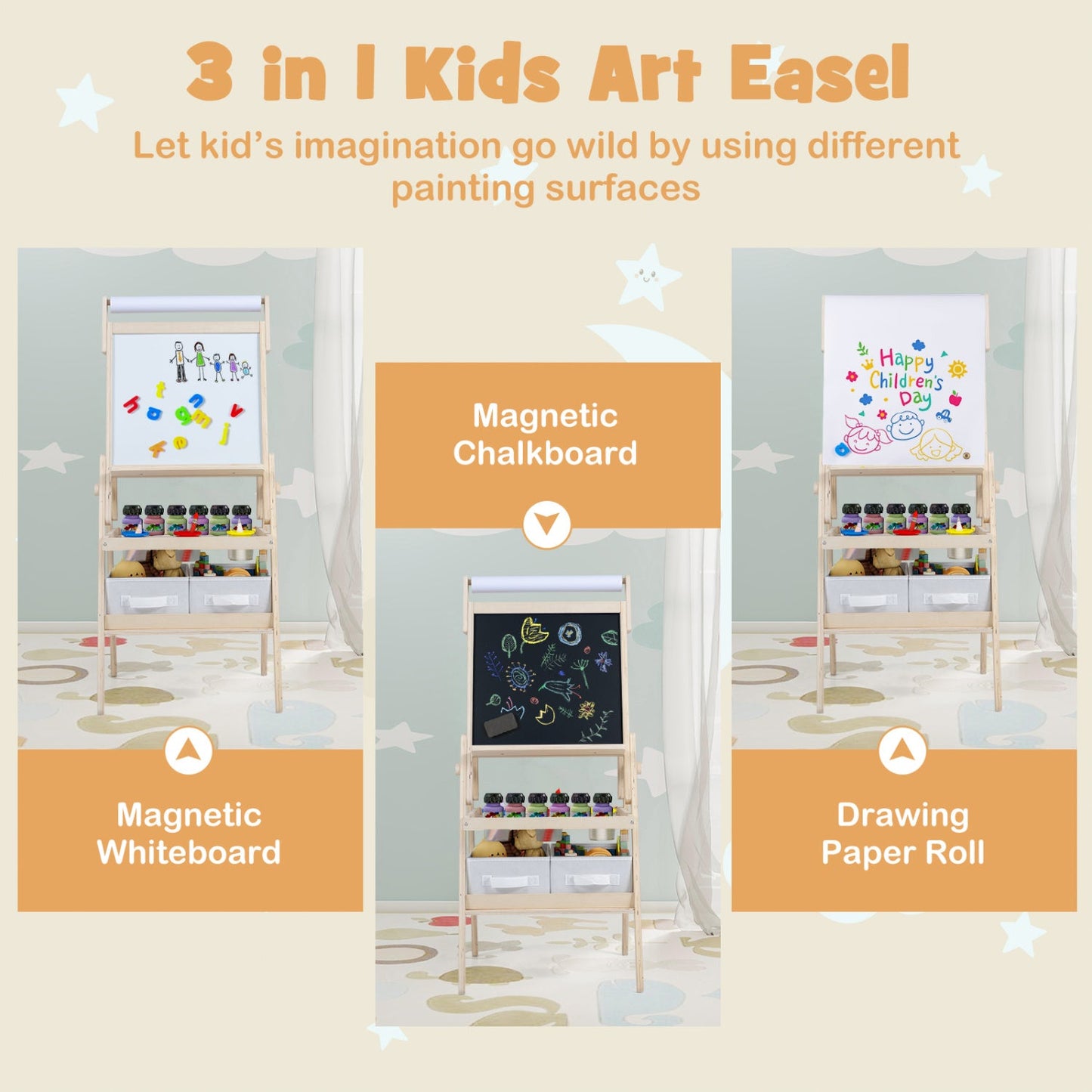 3-in-1 Kids Art Easel with Magnetic Whiteboard & Chalkboard