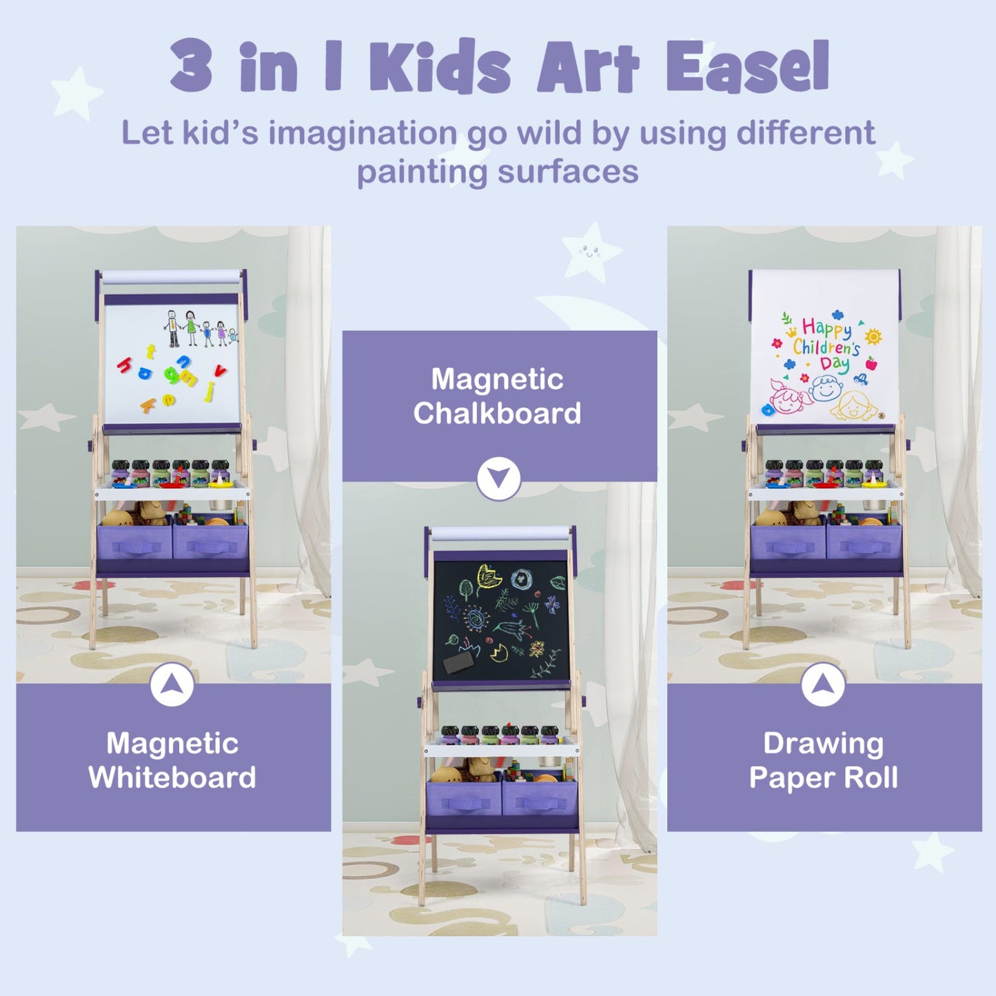 3-in-1 Kids Art Easel with Magnetic Whiteboard & Chalkboard