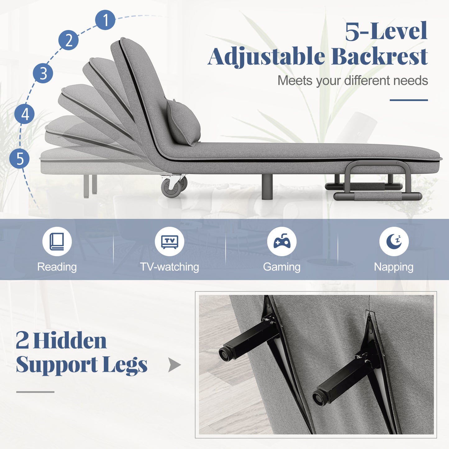 Convertible Sofa Bed with 5-Position Adjustable Backrest