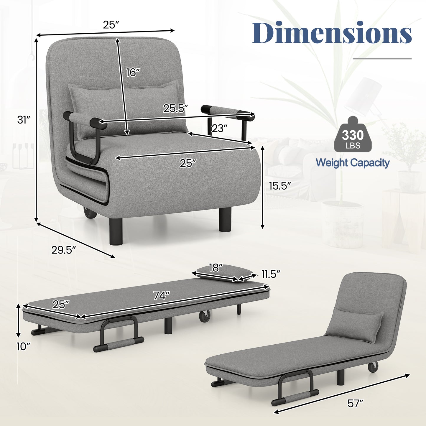 Convertible Sofa Bed with 5-Position Adjustable Backrest