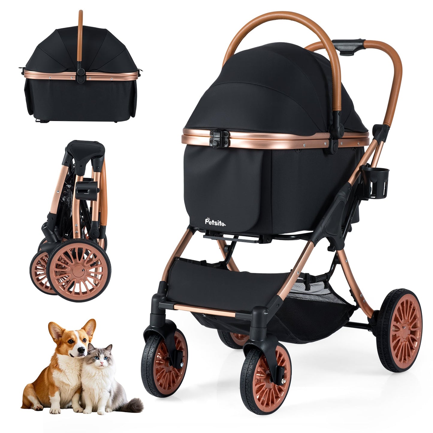 3-in-1 Foldable Pet Stroller with Sun Shade and Safety Belt for up to 55 lbs Small Medium Dogs Cats-Black