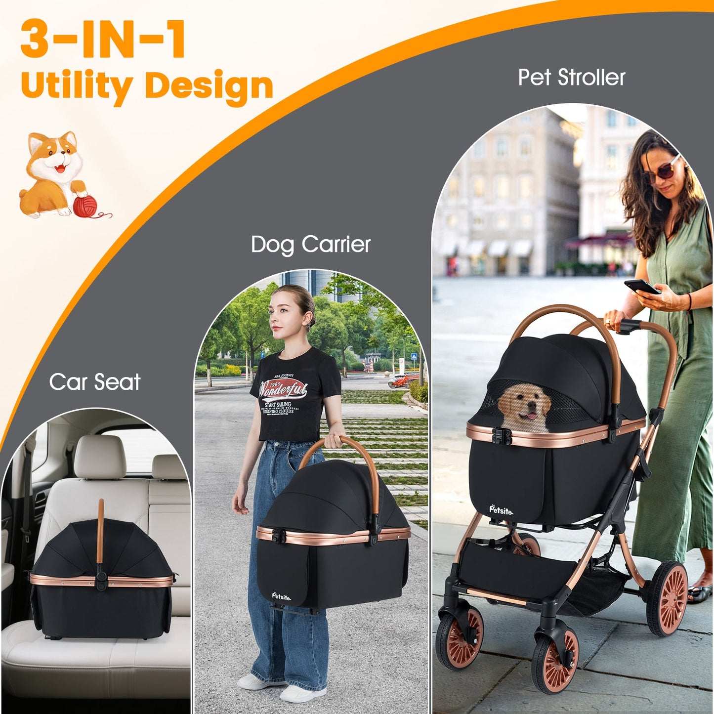 3-in-1 Foldable Pet Stroller with Sun Shade and Safety Belt for up to 55 lbs Small Medium Dogs Cats-Black