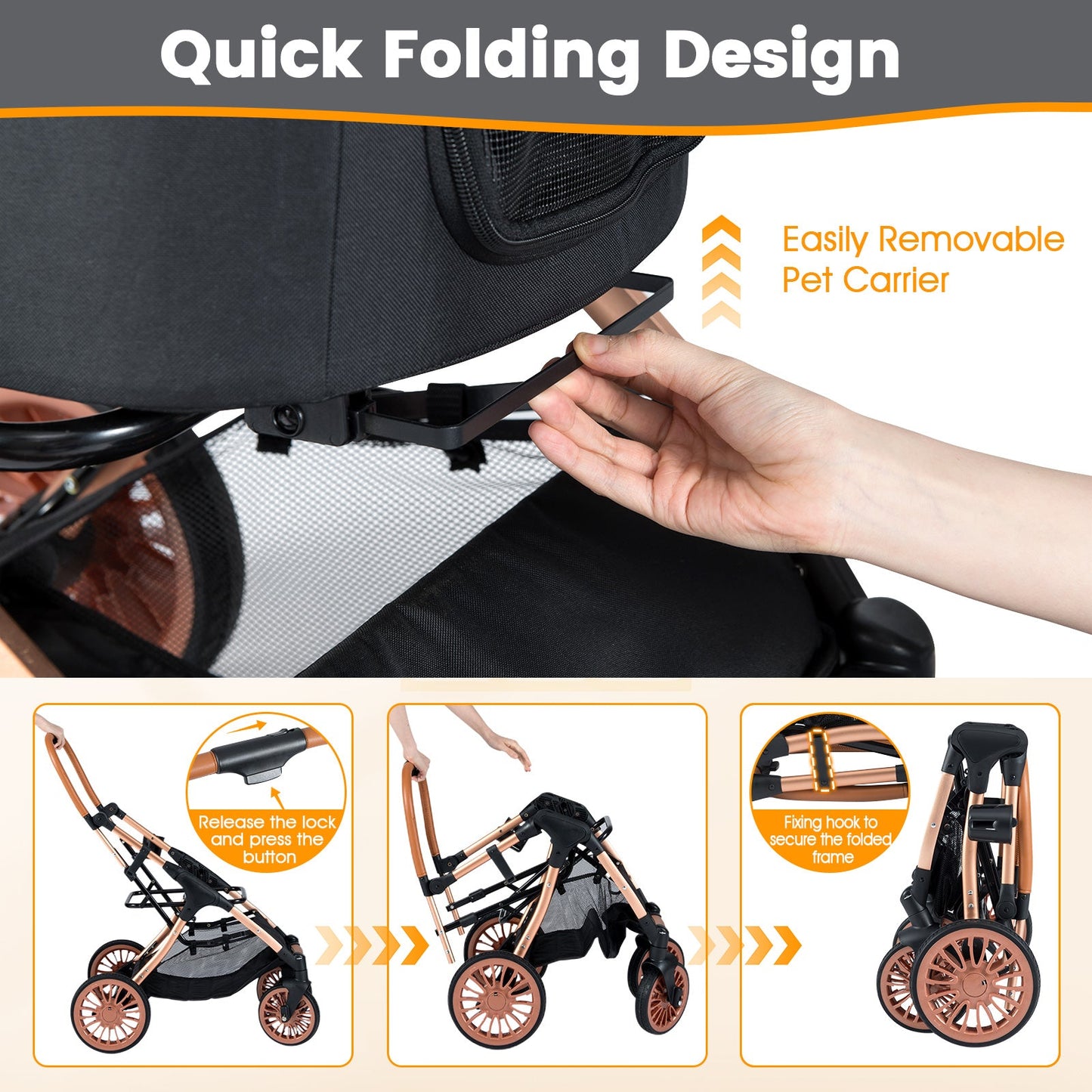 3-in-1 Foldable Pet Stroller with Sun Shade and Safety Belt for up to 55 lbs Small Medium Dogs Cats-Black