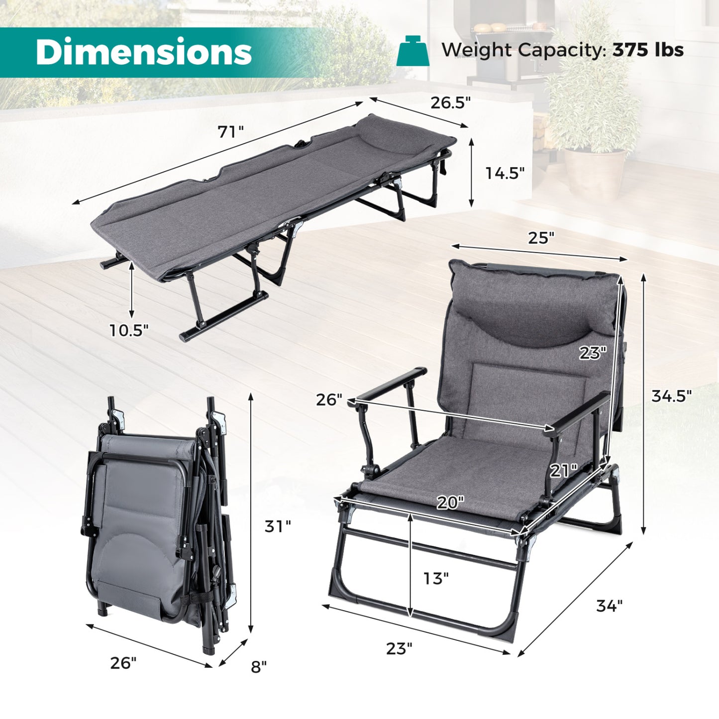 3-in-1 Folding Camping Cot with Adjustable Backrest