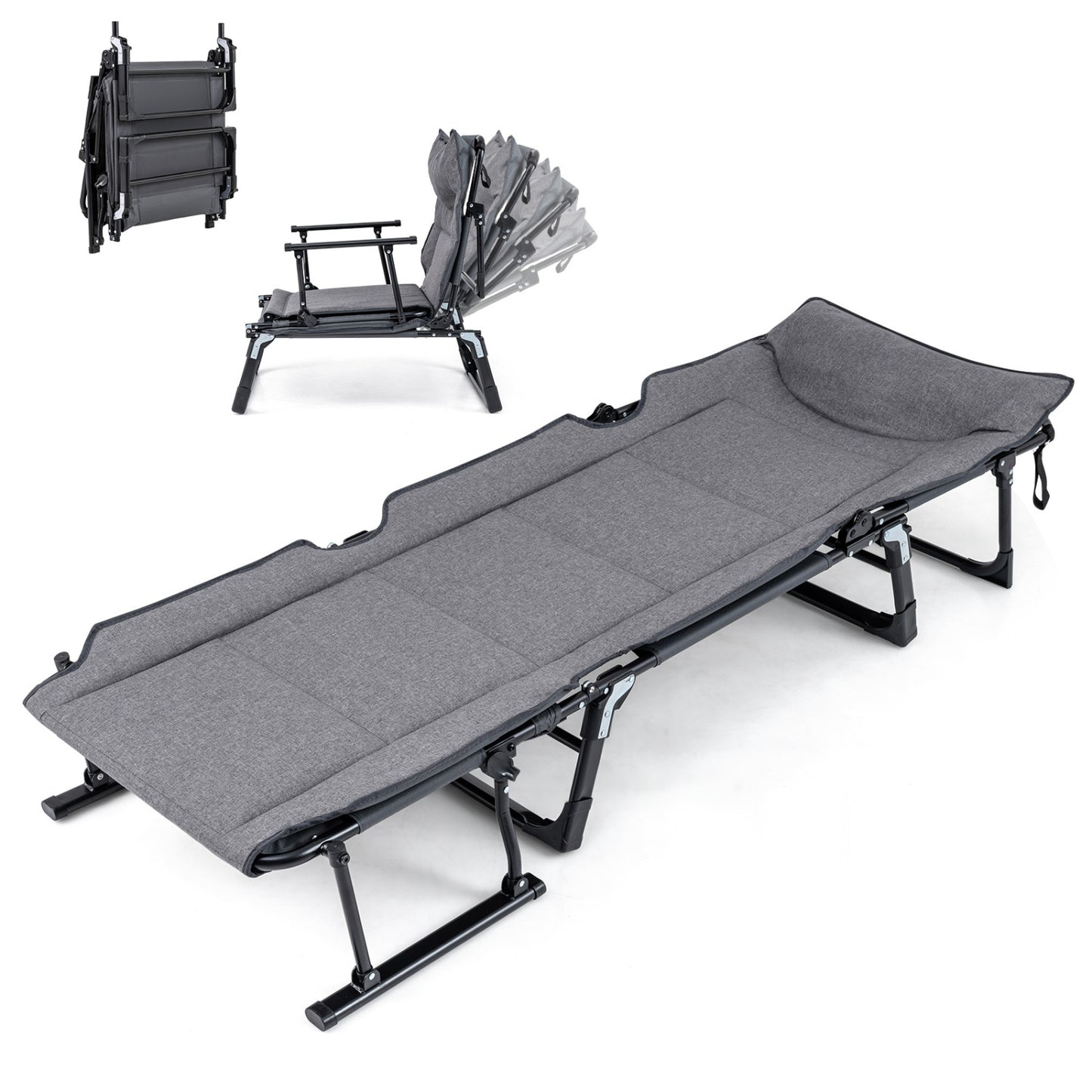 3-in-1 Folding Camping Cot with Adjustable Backrest - Gray