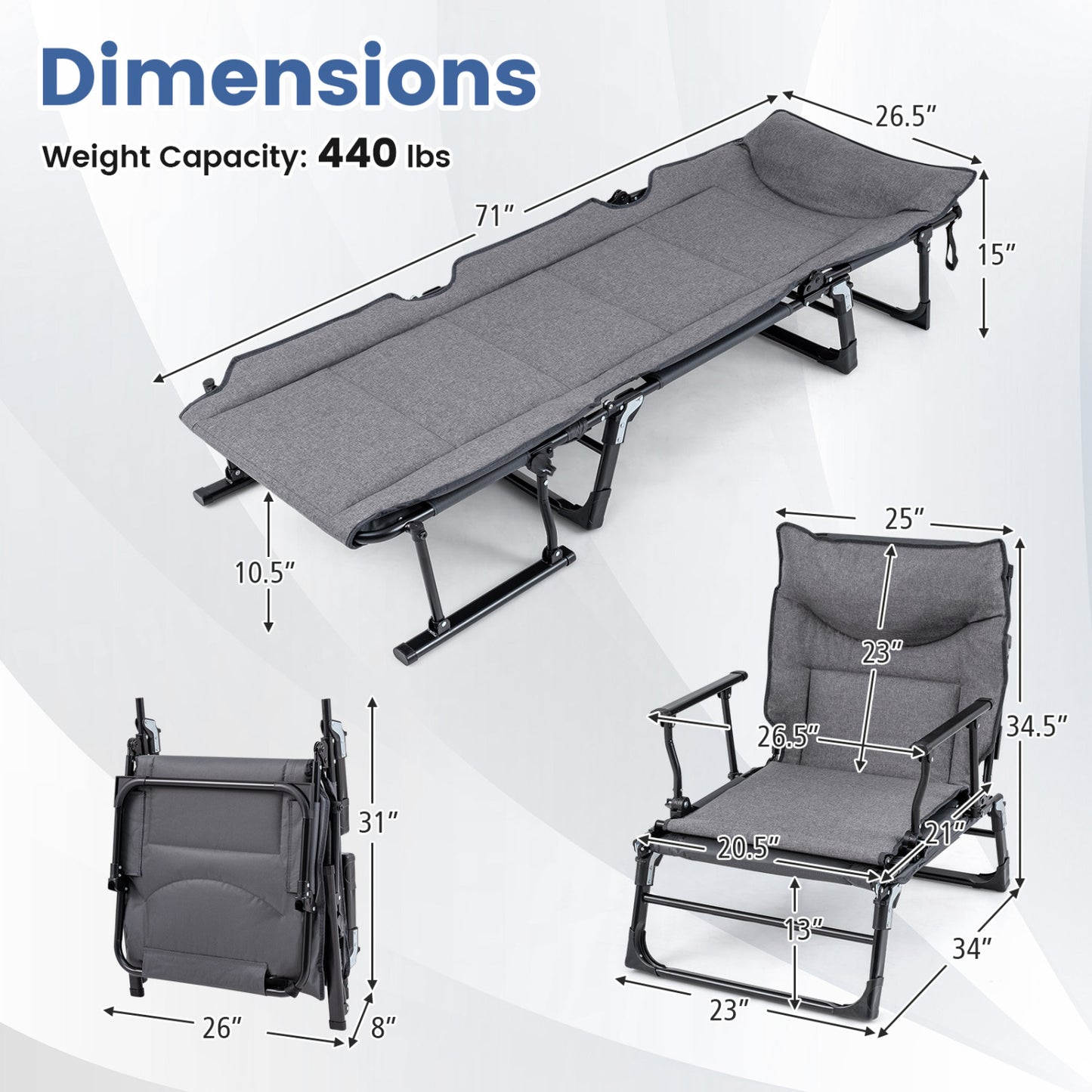 3-in-1 Folding Camping Cot with Adjustable Backrest - Gray