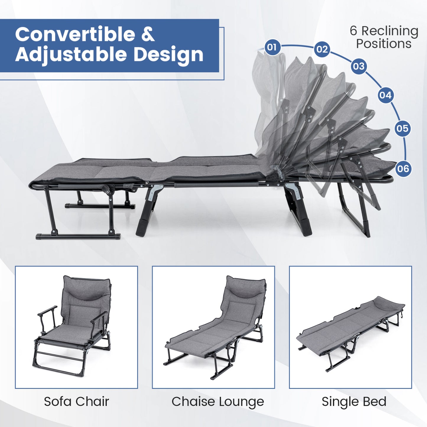 3-in-1 Folding Camping Cot with Adjustable Backrest - Gray