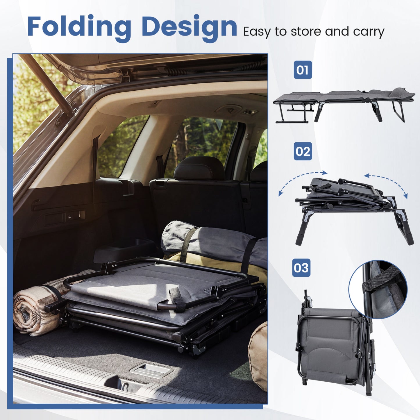 3-in-1 Folding Camping Cot with Adjustable Backrest - Gray