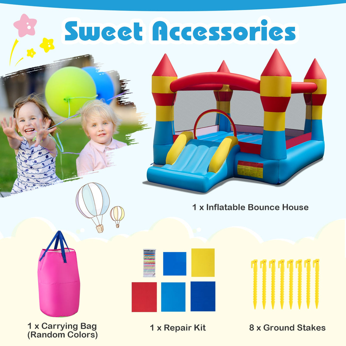 3-in-1 Kids Bouncer with Slide Large Jumping Area and Basketball Hoop without Blower