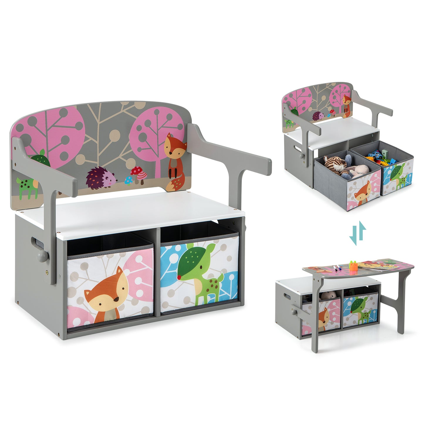 3-in-1 Convertible Kids Activity Bench with Storage Bins