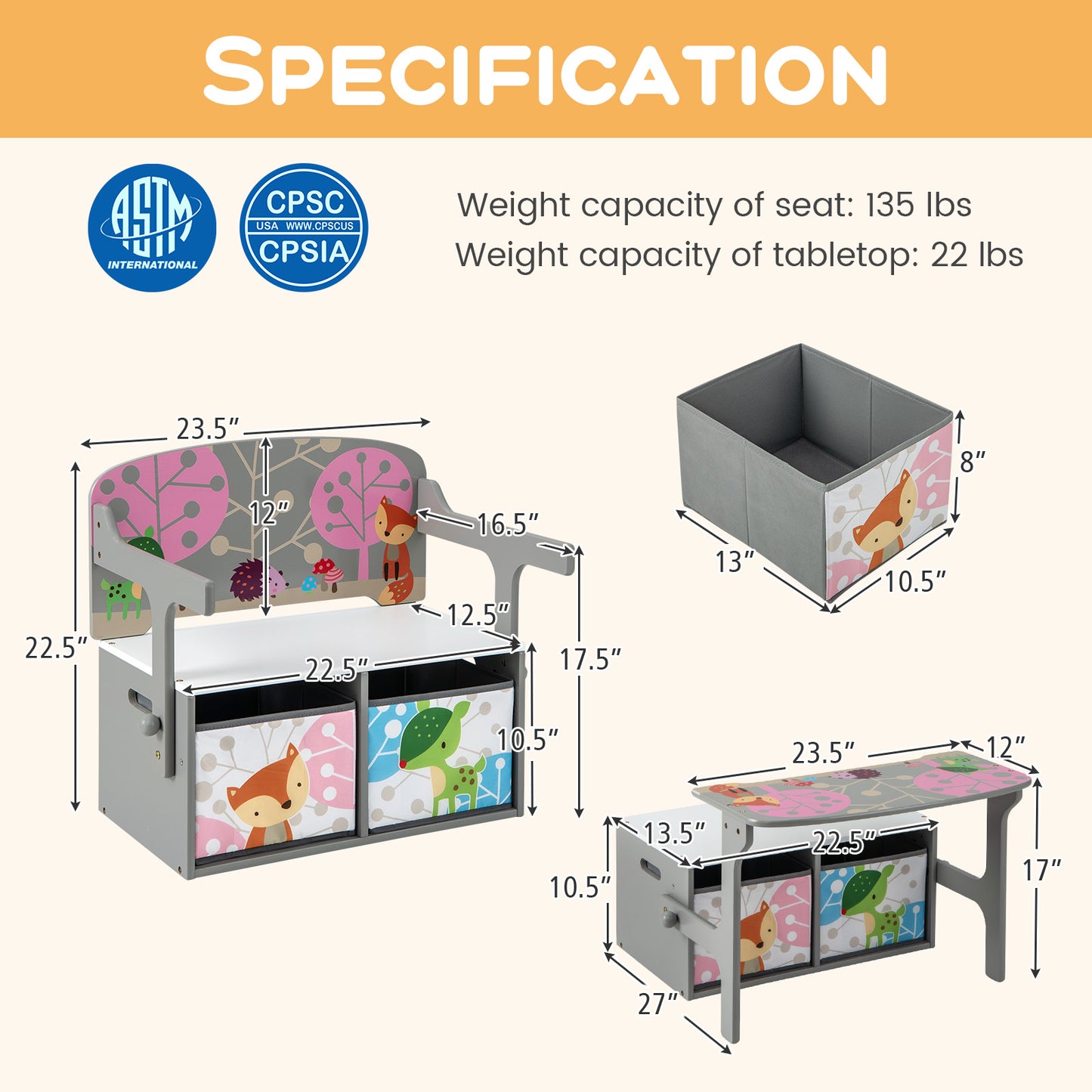 3-in-1 Convertible Kids Activity Bench with Storage Bins