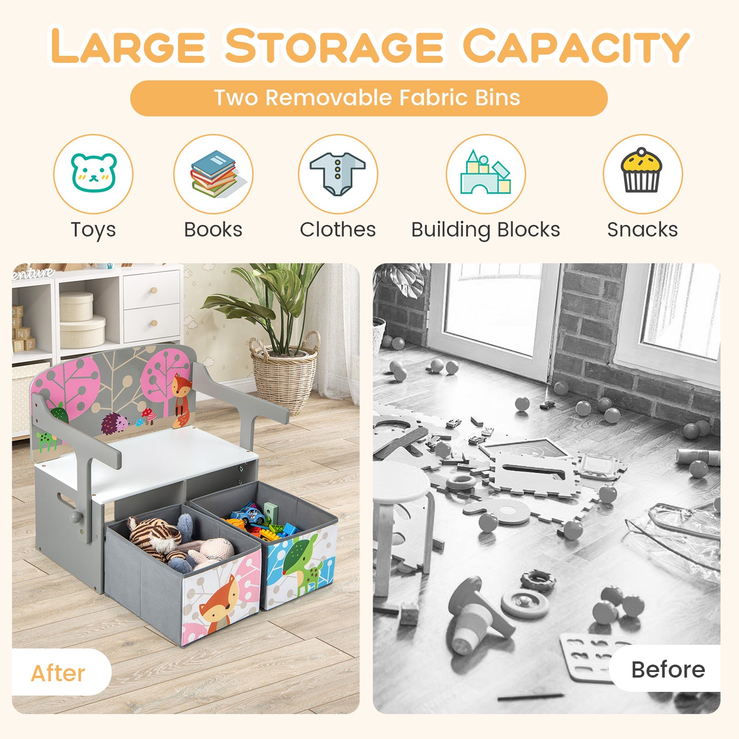 3-in-1 Convertible Kids Activity Bench with Storage Bins