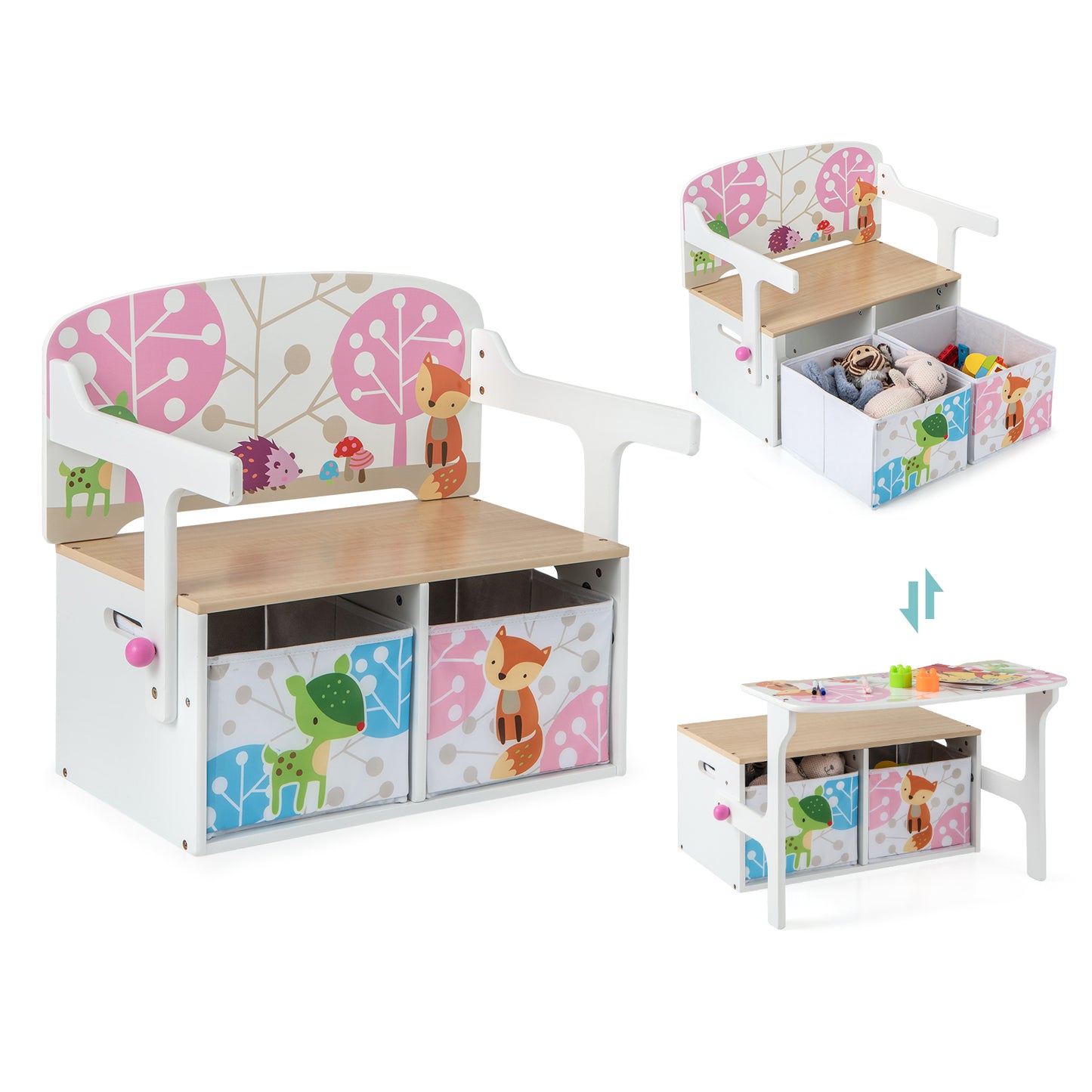3-in-1 Convertible Kids Activity Bench with Storage Bins