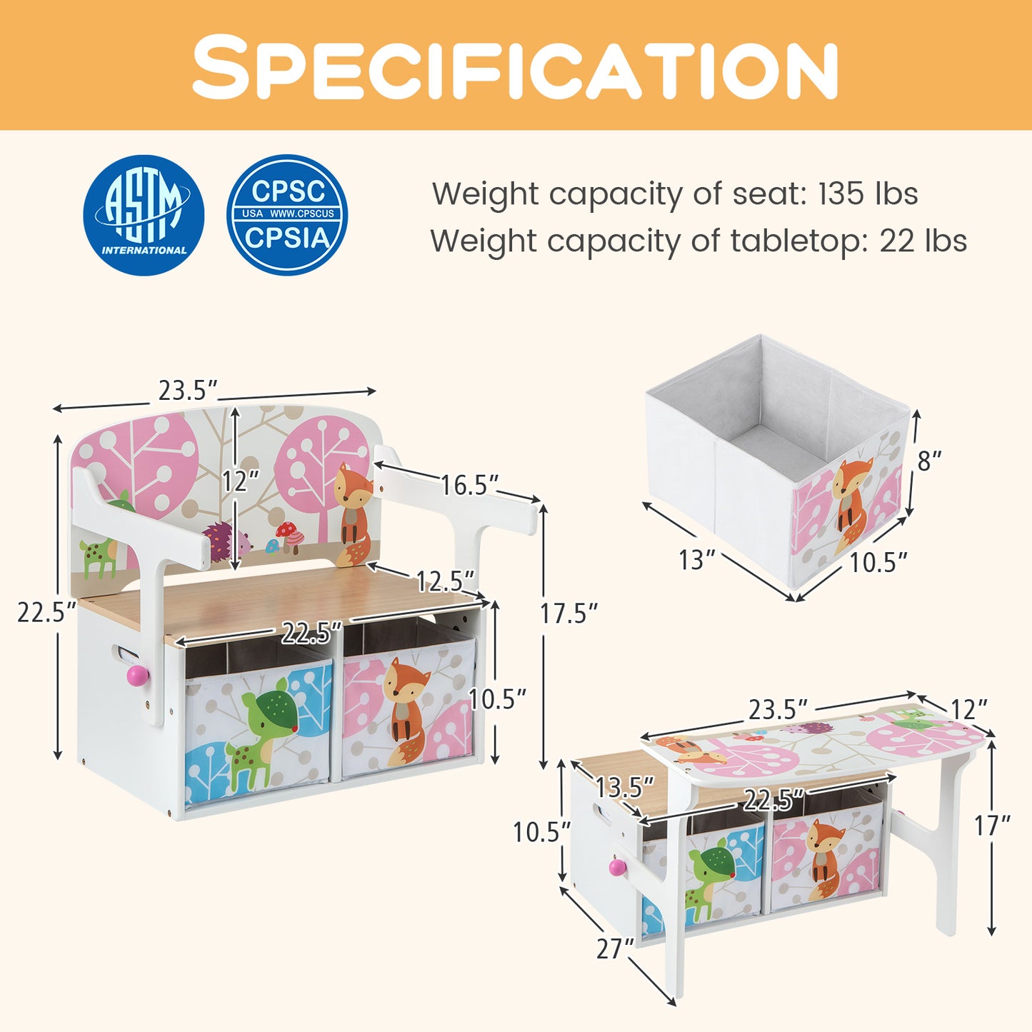3-in-1 Convertible Kids Activity Bench with Storage Bins