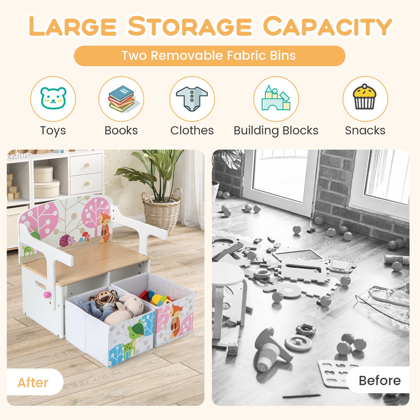 3-in-1 Convertible Kids Activity Bench with Storage Bins
