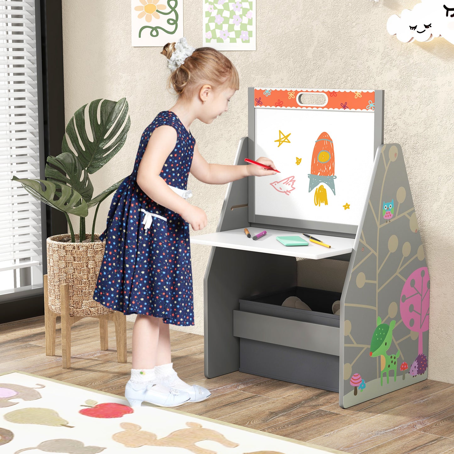 3-in-1 Kids Art Easel with Chair and Storage Bins