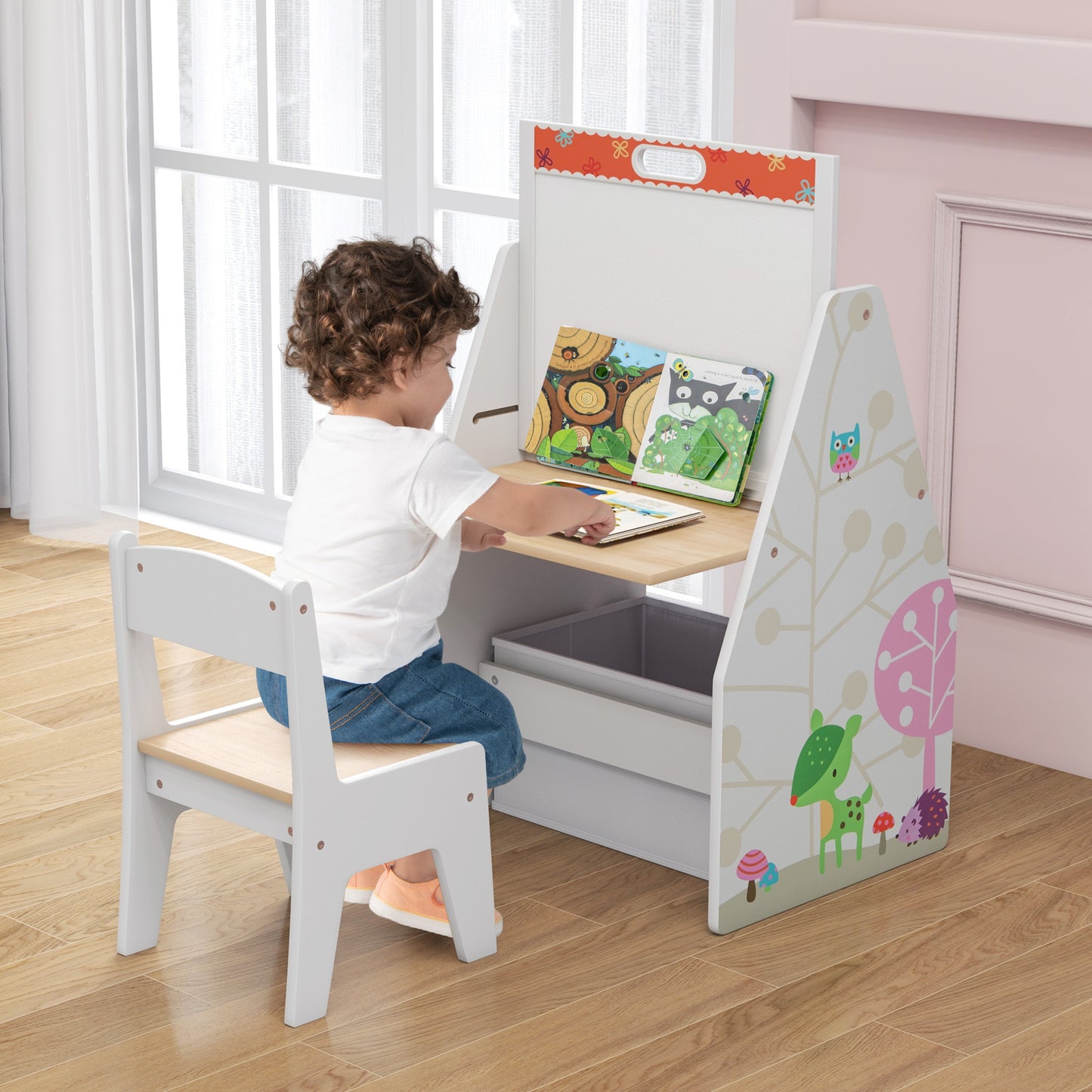 3-in-1 Kids Art Easel with Chair and Storage Bins