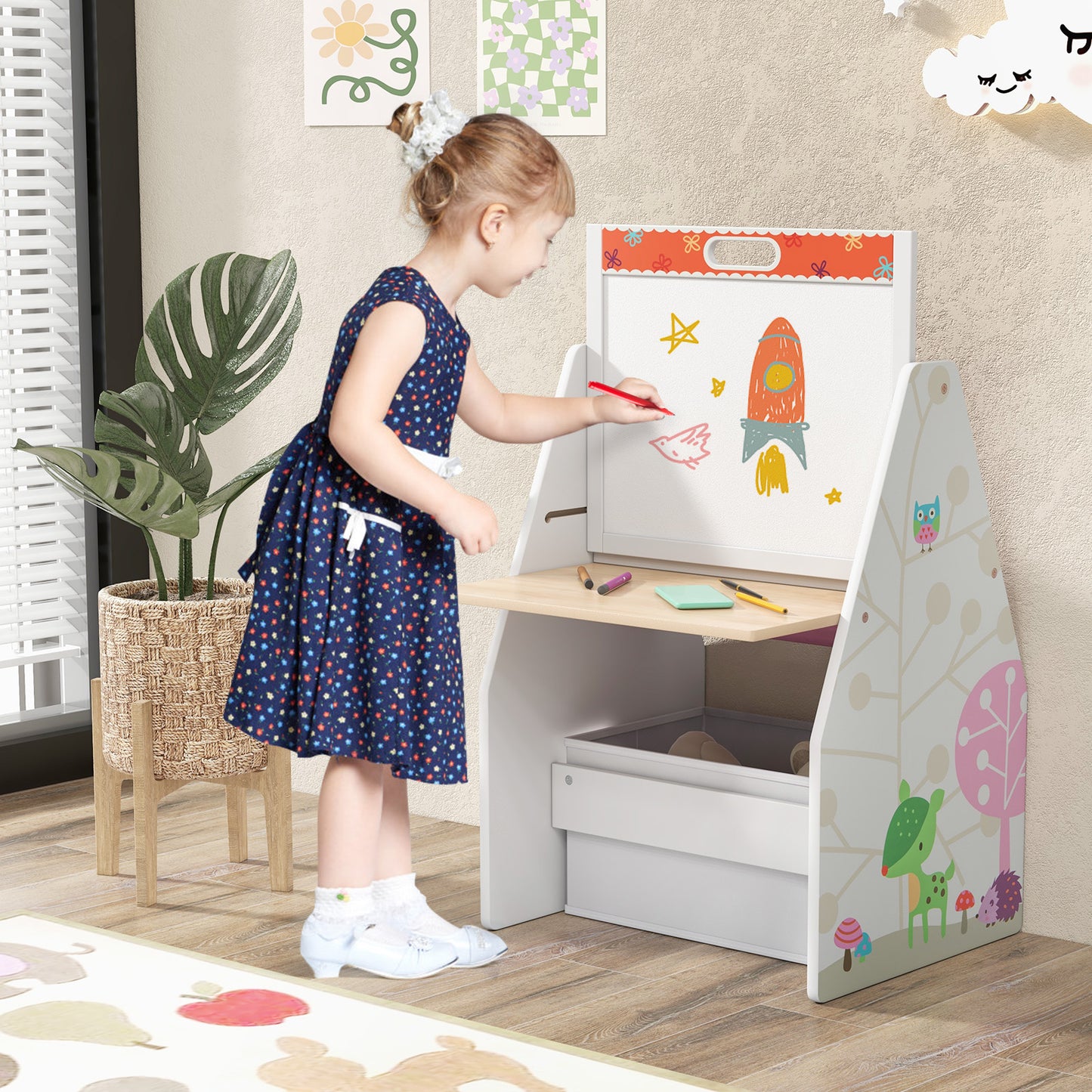 3-in-1 Kids Art Easel with Chair and Storage Bins