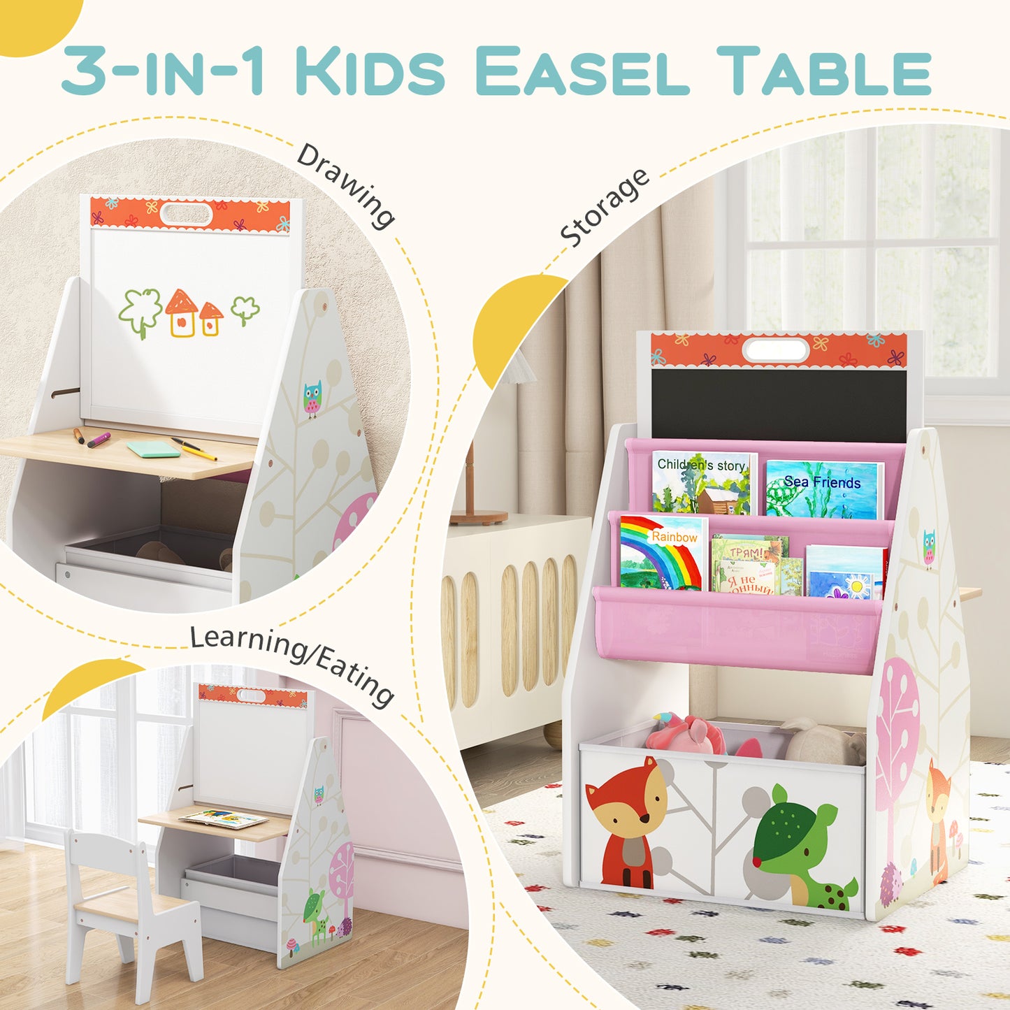 3-in-1 Kids Art Easel with Chair and Storage Bins