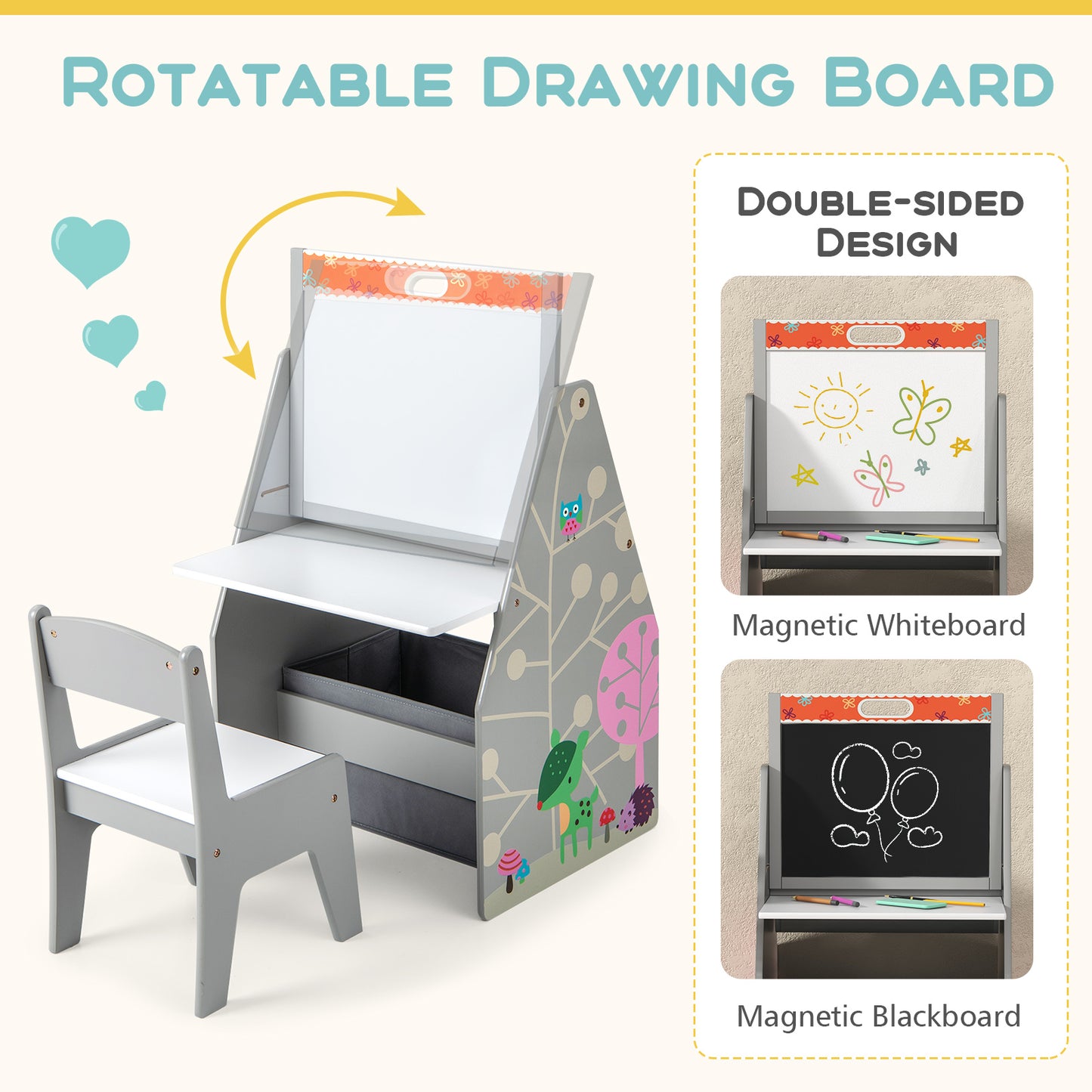 3-in-1 Kids Art Easel with Chair and Storage Bins