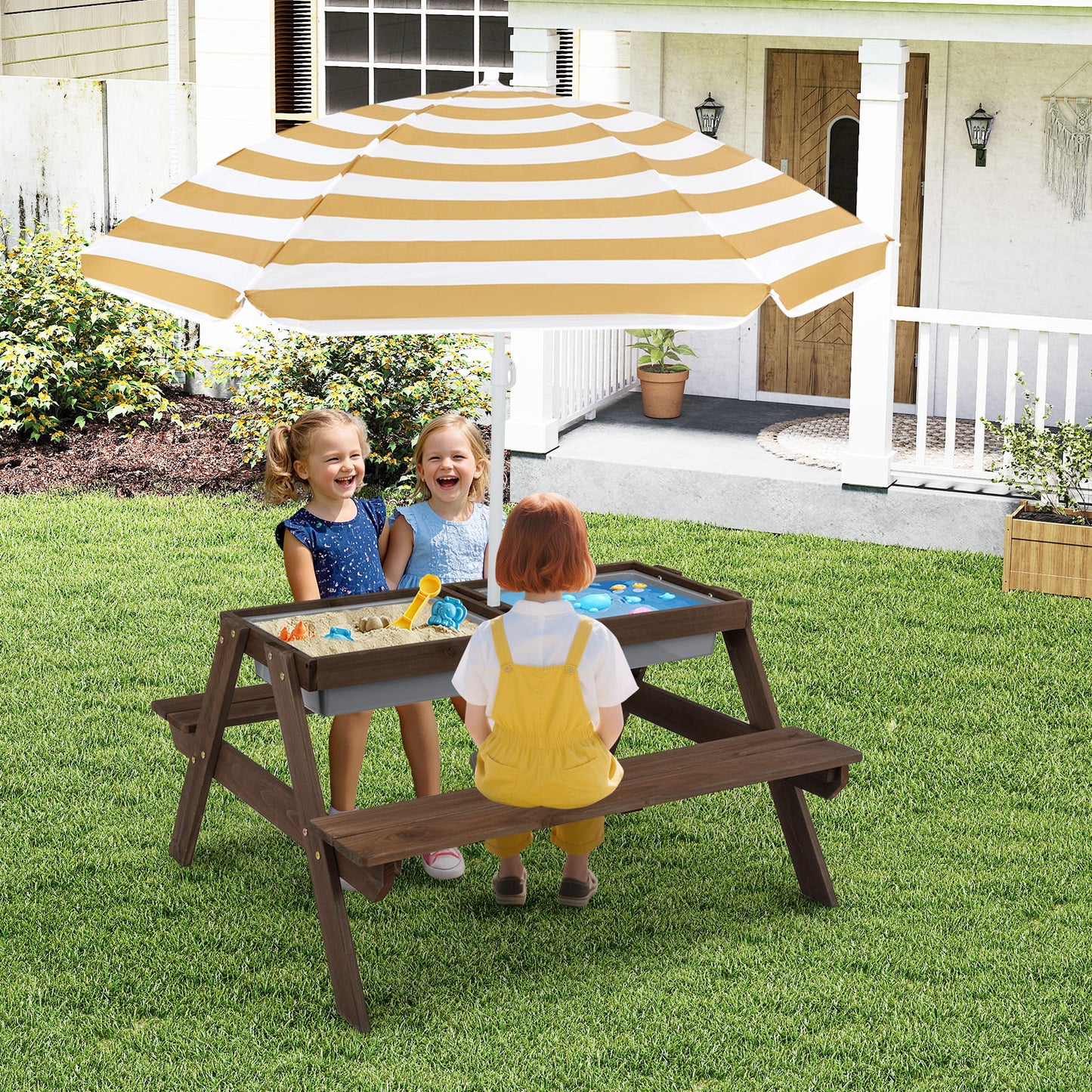 Kids Outdoor Picnic Table with Umbrella and Sand Water Play